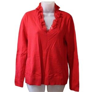 Chaps Red Ruffle Vneck Sweater Valentine's Day Holiday Red Sweater LG